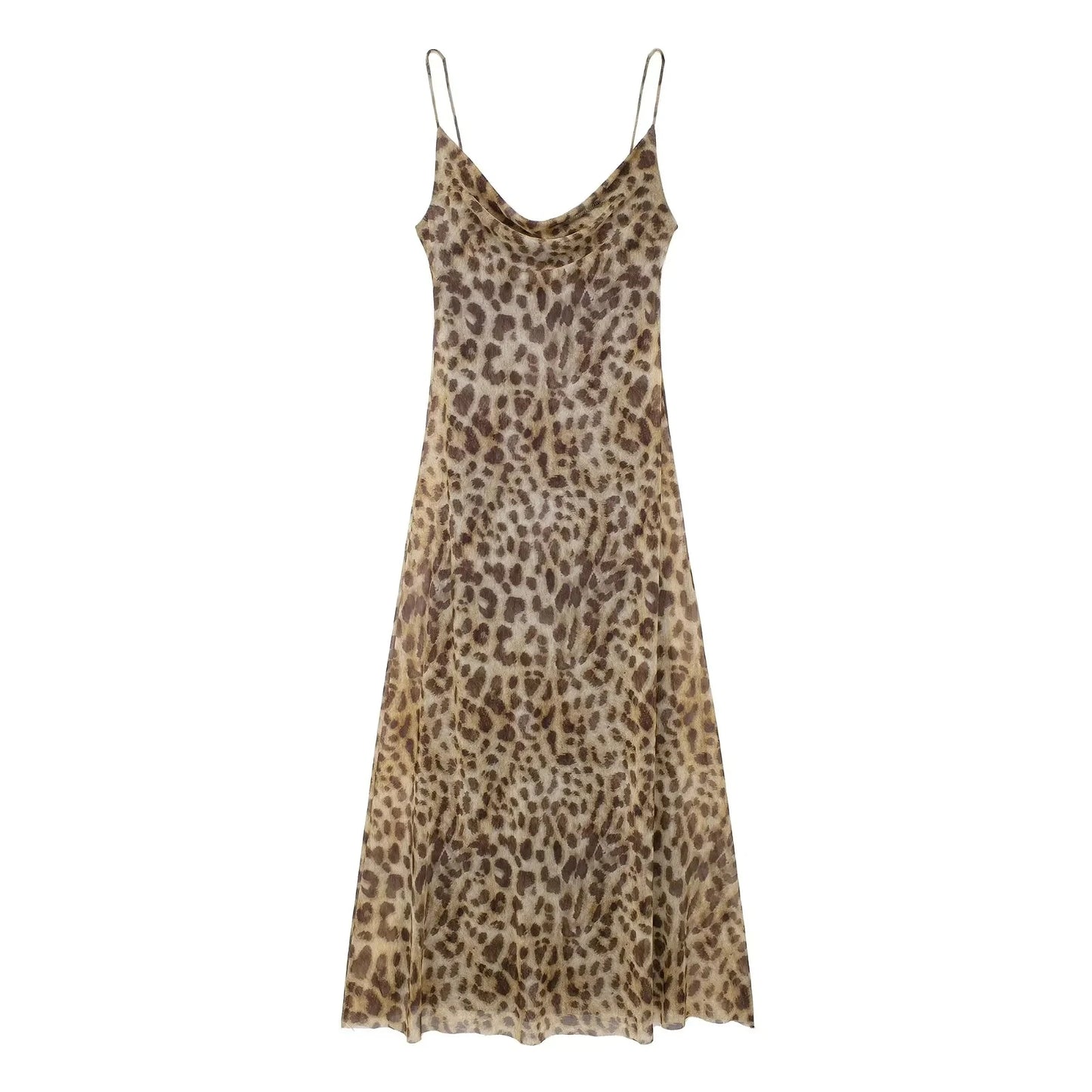 TRAFZA Summer Women's Fashion Leopard Print Tulle Long Dress Sexy Sleeveless Backless Slip Dress Female Elegant Maxi Party Dress