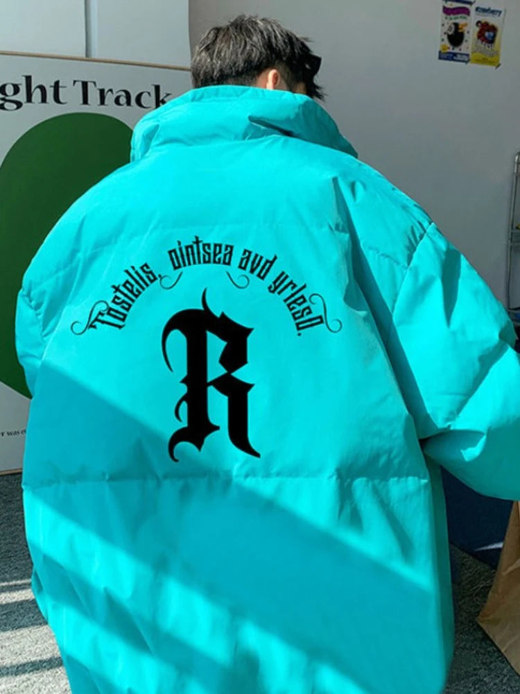 Gmiixder Men's Winter Punk Letter Parkas Hip Hop Oversize Thickened Down Jacket Oversize Padded Jacket Cool Bread Zipper Up Coat