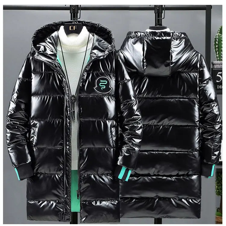 Men's Mid Length Cotton Down Jacket, Thick Down Overcoat, Glossy Coat, Quilted Hoodie, Hat, Winter Trend, Casual, New