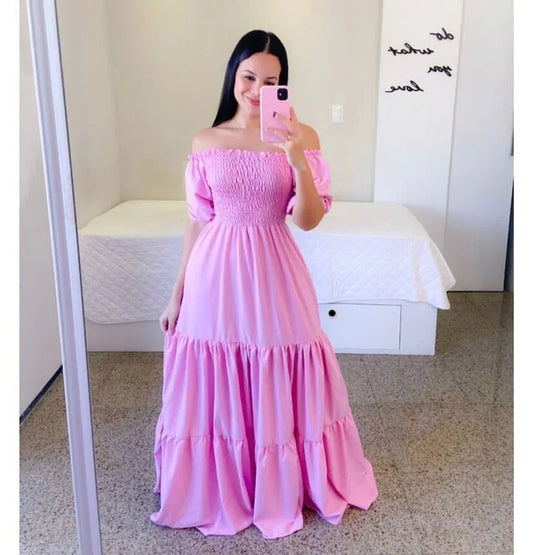2025 Spring Summer New Women Closing Solid Color Square Collar Short Sleeve Long Dress Vestidos Largos vestidos verano moda 2024