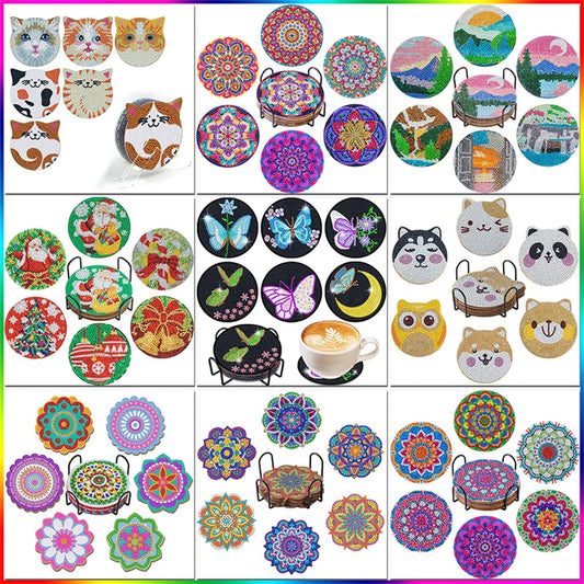 PhotoCustom 6pc/Sets Diamond Painting Coasters 5D DIY Round Diamond Mosaic Mandala Cup Coasters With Holder Kitchen Accessories