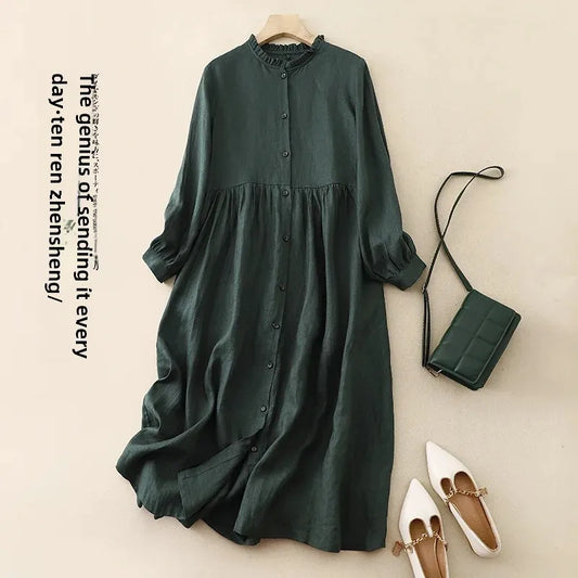 New Washable Linen Loose Cuff Sleeve Long Dress Coat Robe Open Cardigan Women's Clothing Artistic Style Middle Length Outerwear