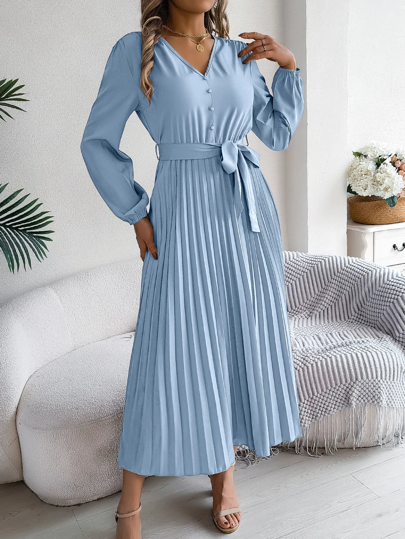 Autumn Winter Elegant V-Neck Button Belt Long Sleeved Solid Color Pleated Long Dress For Women Dresses