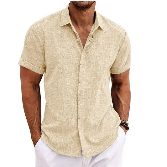 High Quality Cotton Linen Double Placket Men's Cardigan Short Sleeves Summer Home Use Lapel Shirt Cross-Border Style