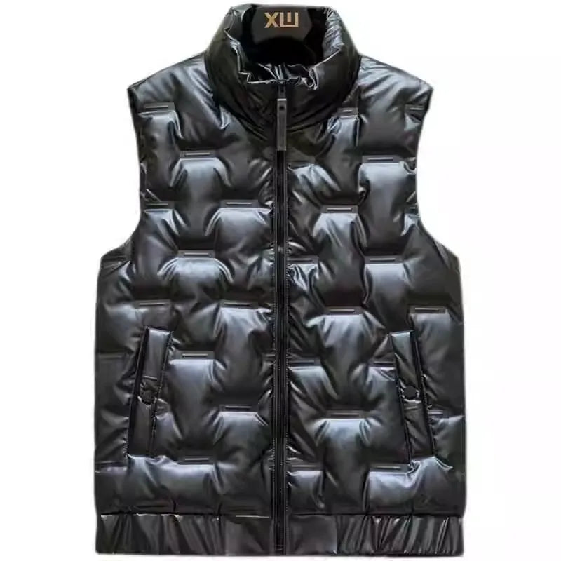 Black Men's Standing Collar Sleeveless Vest Coat, Winter Fashion Casual Waterproof Thick Jacket,Silver Windproof Waistcoat