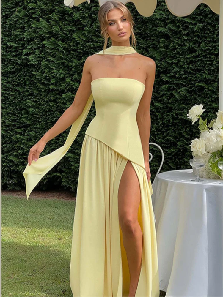Elegant Yellow Gauze Off Shoulder Scarf Neack Long Dress Women Fashion Sleeveless A-line Vestido 2025 Summer Vocation Party Robe