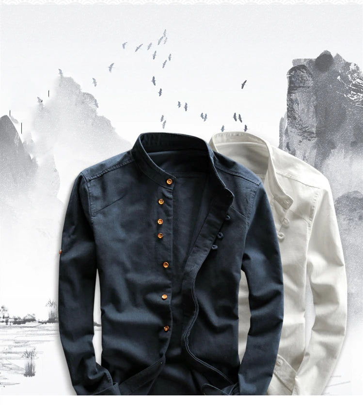 Men Spring Autumn Japan Vintage Style Cotton Linen Shirts Stand Collar Slim Fit Single Breasted Simple Design Soft Casual Shirt