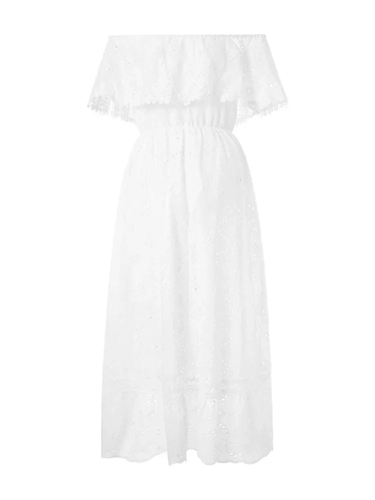 Women Bohemian White Long Dress Short Sleeve Off Shoulder Lace Ruffle Loose Dress Summer Holiday Beach Casual Dresses Female