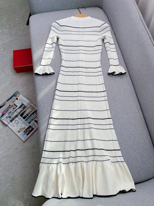 V-neck Striped Knitted Dress,high-end Women's Winter French Style New Item Evening Gown for Women Elegant Party Long Dress