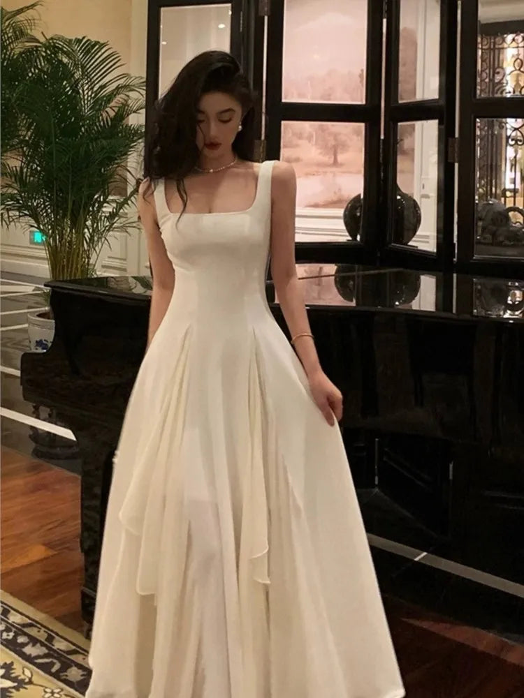 Summer Solid Elegant Camisole Long Dress Women Sweet Sleeveless A-Line Ruffles Fairy Dress Female Evening Party Vestidos Largos