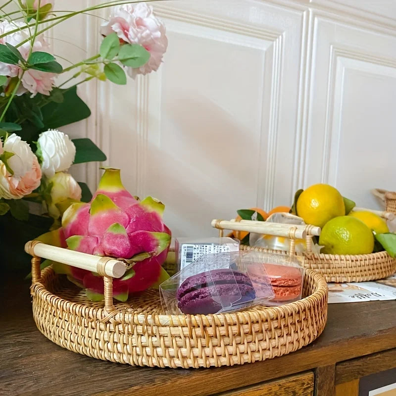 Rattan Tray Round Storage Basket Tray with Handles Natural Hand Woven Baskets Bread Fruit Food Plate Tray Home Kitchen Supplies