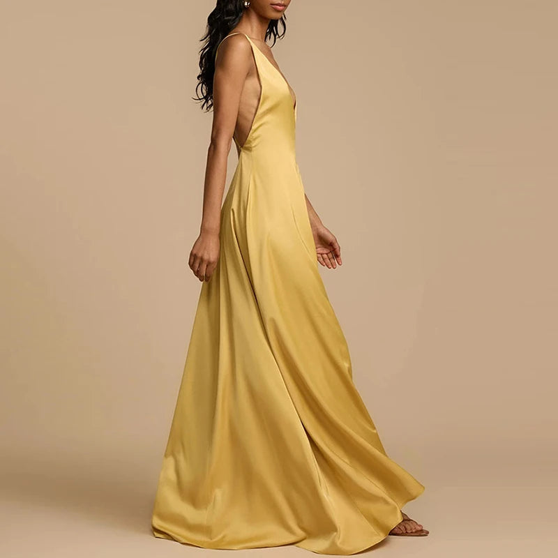Sexy Backless Bandage Beading Long Dress Woman Spring Deep V Neck Hollow Loose Party Dress New Summer Spaghetti Strap Maxi Dress