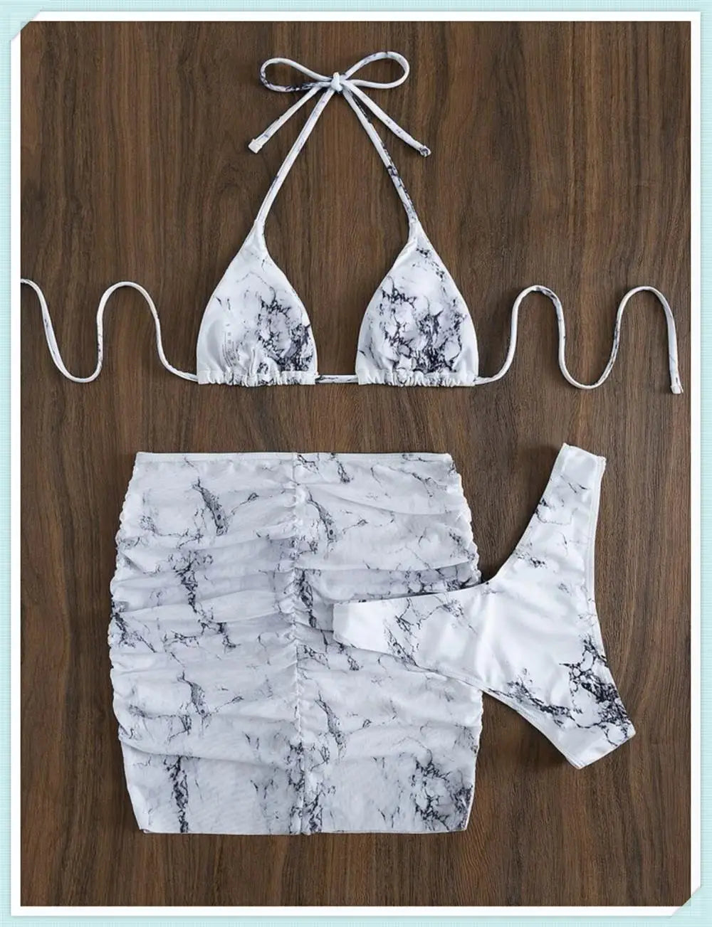 3 Pieces Thong Bikini Set With Skirt Marble texture Bathing Suit Women Swimsuit Set Female Swimwear Beach Wear Swimming Summer