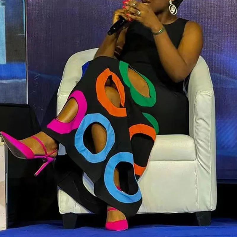 Summer Black Slim Hollow Sexy Party Vacation Long Dress Women's  Elegant Casual Sleeveless Sundress New High Waist Evening Dress