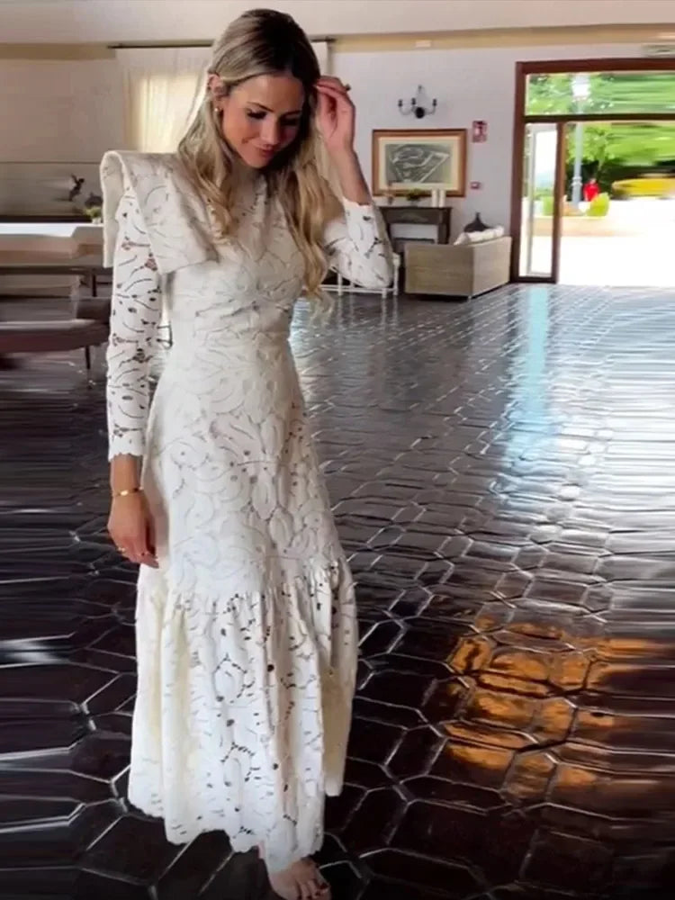 Elegant Lace Hollow Out Long Dress Women High Collar Long Sleeve Slim Solid Dresses 2025 Spring Summer Patchwork Lady Party Robe