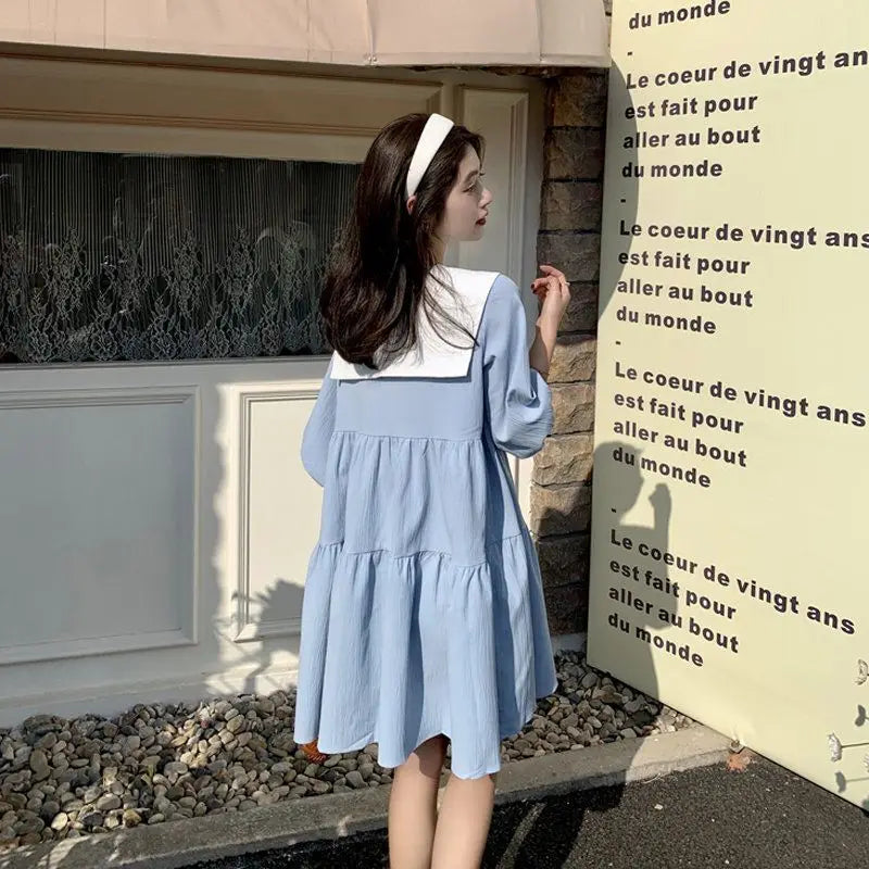 Vintage Pleated Lacing Loose Mini Dress Summer New Half Sleeve Solid Color Sweet Casual Dresses Fashion Korean Women Clothing