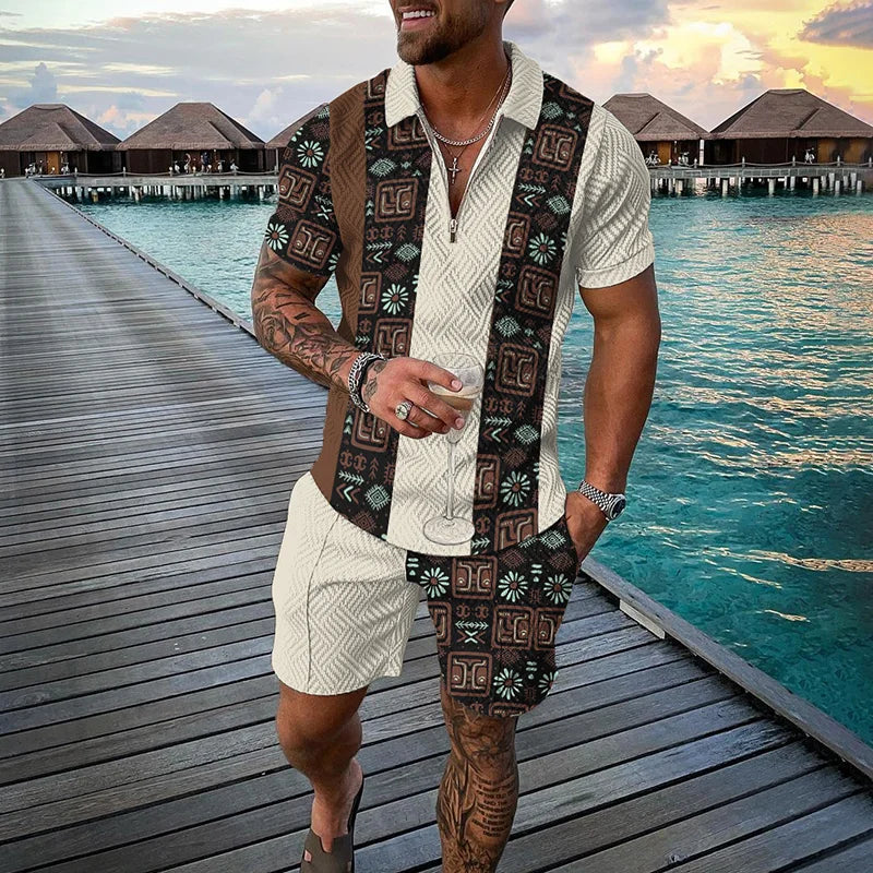 3D Print Nationality Style Men's Short Sleeve Sets Fashion Tee Shorts 2 Piece Outfit Casual Zipper Polo Shirts Summer Loose Suit