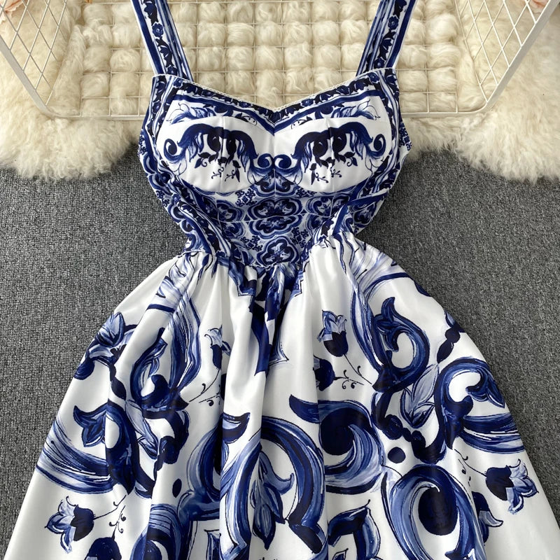 New Summer Holiday Elastic Yellow Print Long Dress Women's Spaghetti Strap Cup Padded Backless Blue White Porcelain Maxi Vestido