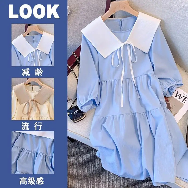 Vintage Pleated Lacing Loose Mini Dress Summer New Half Sleeve Solid Color Sweet Casual Dresses Fashion Korean Women Clothing