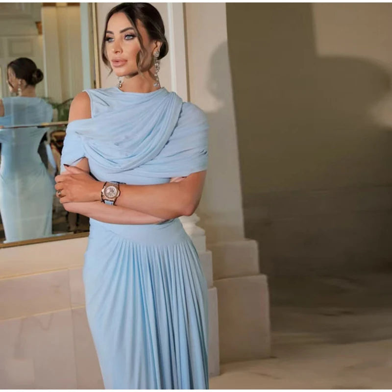 Shawl Long Dress Women Elegant Asymmetrical Chiffon Pleat Slim Waist Maxi Dresses 2025 Summer New Female Evening Party Prom Gown