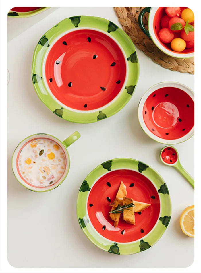 Watermelon Bowl Ceramic Bowl Plate Set Home Ramen Bowl Cute Hand-painted Tableware Children's Rice Bowls Kitchen Accessories