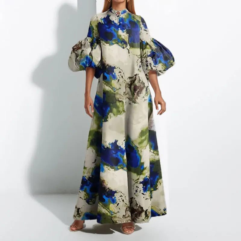 Women's Printed Maxi Dress Elegant Ladies Lantern Sleeve Loose Long Dress Summer New Evening Party Dress For Women