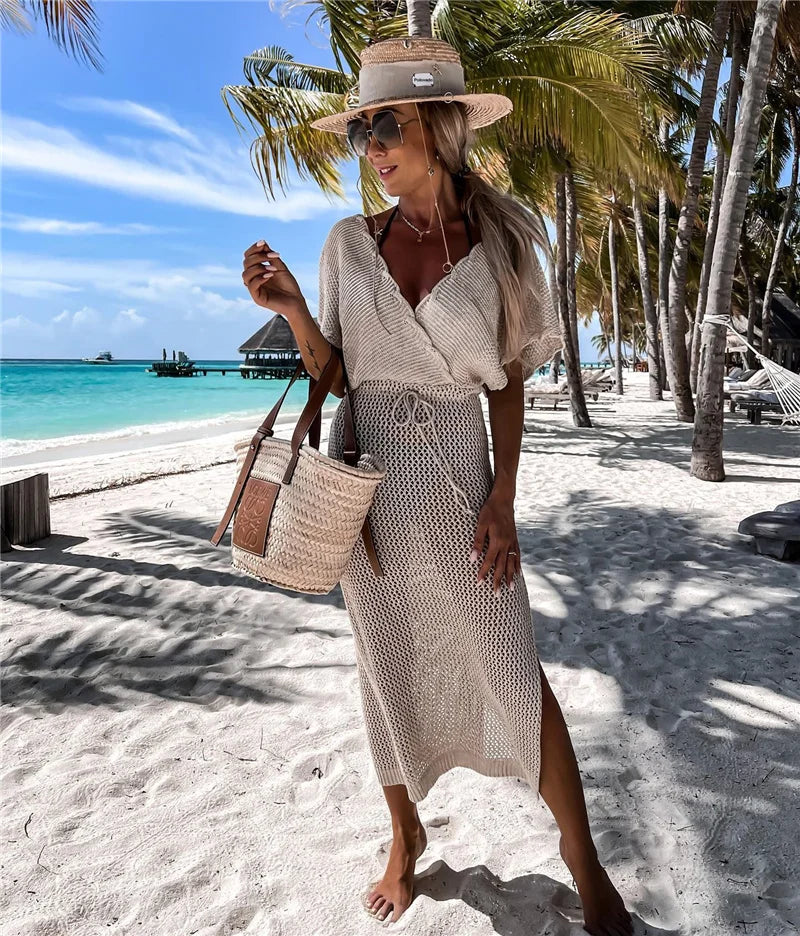 2024 White Crochet Tunic Bikini Cover-ups Sexy Hollow Out Long Dress V neck Women Summer Clothes Beach Wear Knitted Cover Up