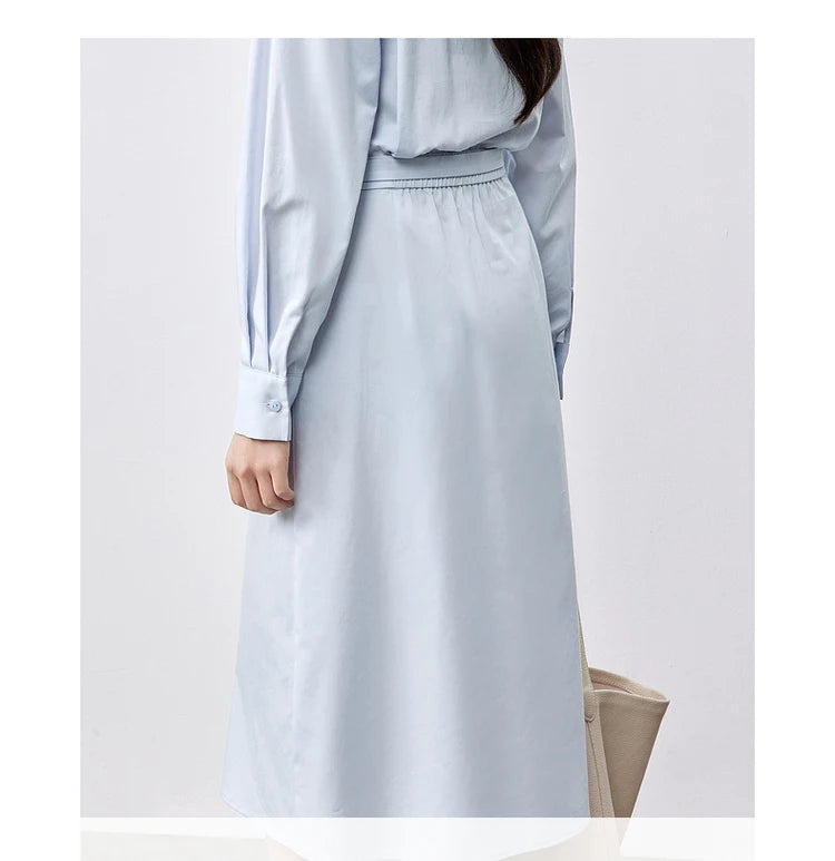 SENTUBILA Lyocell Shirt Dresses Womens 2025 Spring Cotton Embroidery A-line Turn Down Collar Solid Wrap Long Dress 151L58233