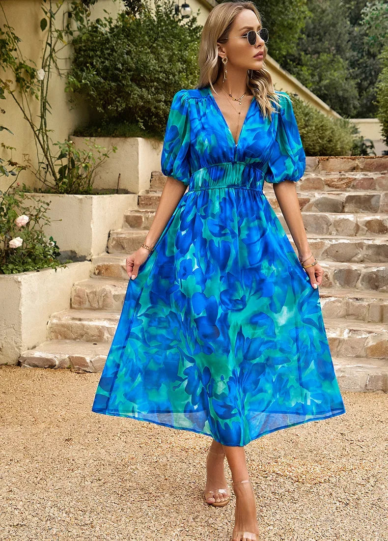 2024 Elegant High Quality Design summer long Dress Waist Cinching V-neck Print Elastic Waist Maxi  Dresses for Women Clothing