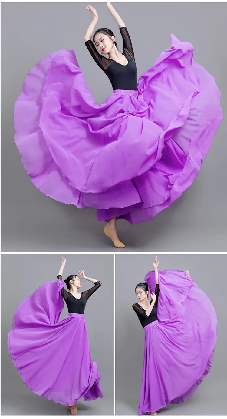 720 Degree Wide Dancing Skirt Chiffon Double Layer Semi-Long Dress Women's Solid Color Xinjiang Dance Skirt