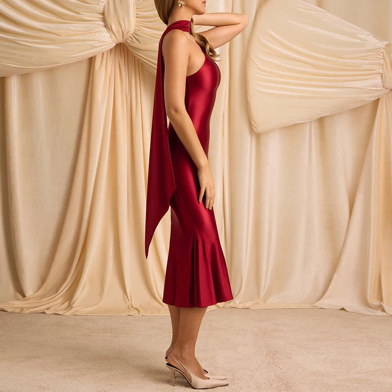 Sexy Skew Collar Irregular Mermaid Dress Woman Spring Hollow Slim Fit Ruffle Long Dress Summer One-shoulder Backless Party Dress