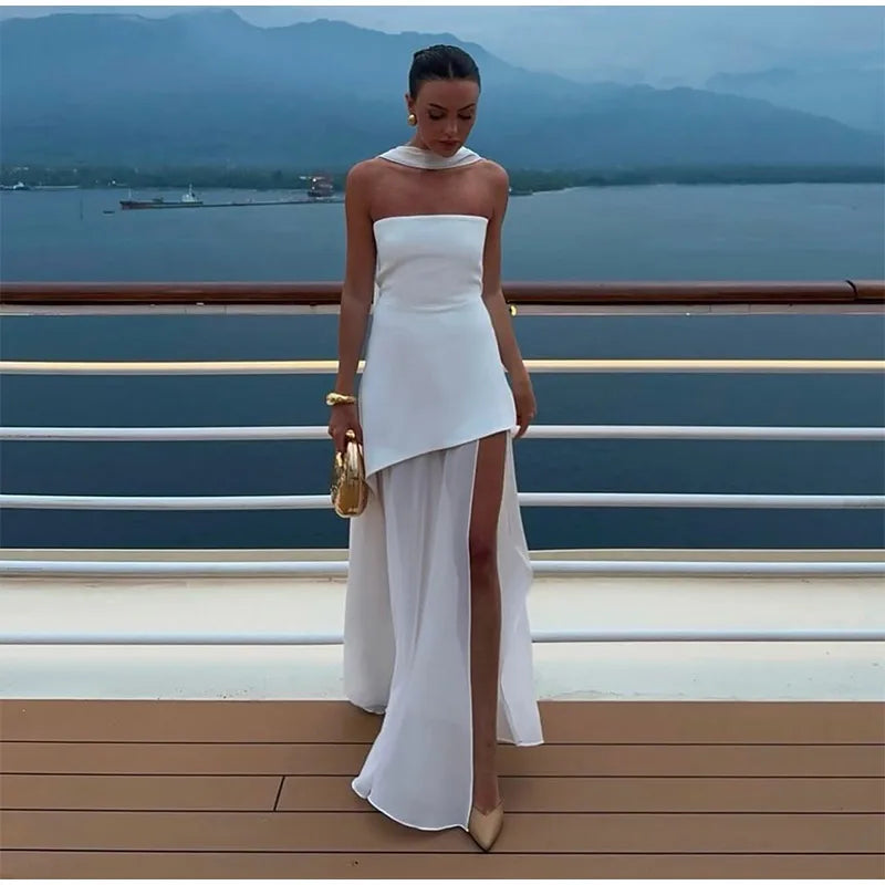 Elegant Yellow Gauze Off Shoulder Scarf Neack Long Dress Women Fashion Sleeveless A-line Vestido 2025 Summer Vocation Party Robe