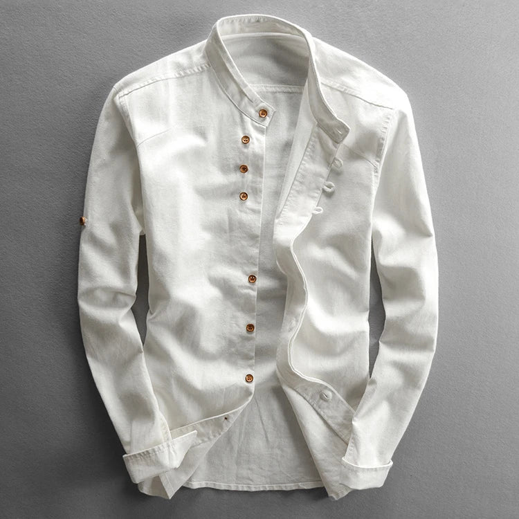 Men Spring Autumn Japan Vintage Style Cotton Linen Shirts Stand Collar Slim Fit Single Breasted Simple Design Soft Casual Shirt