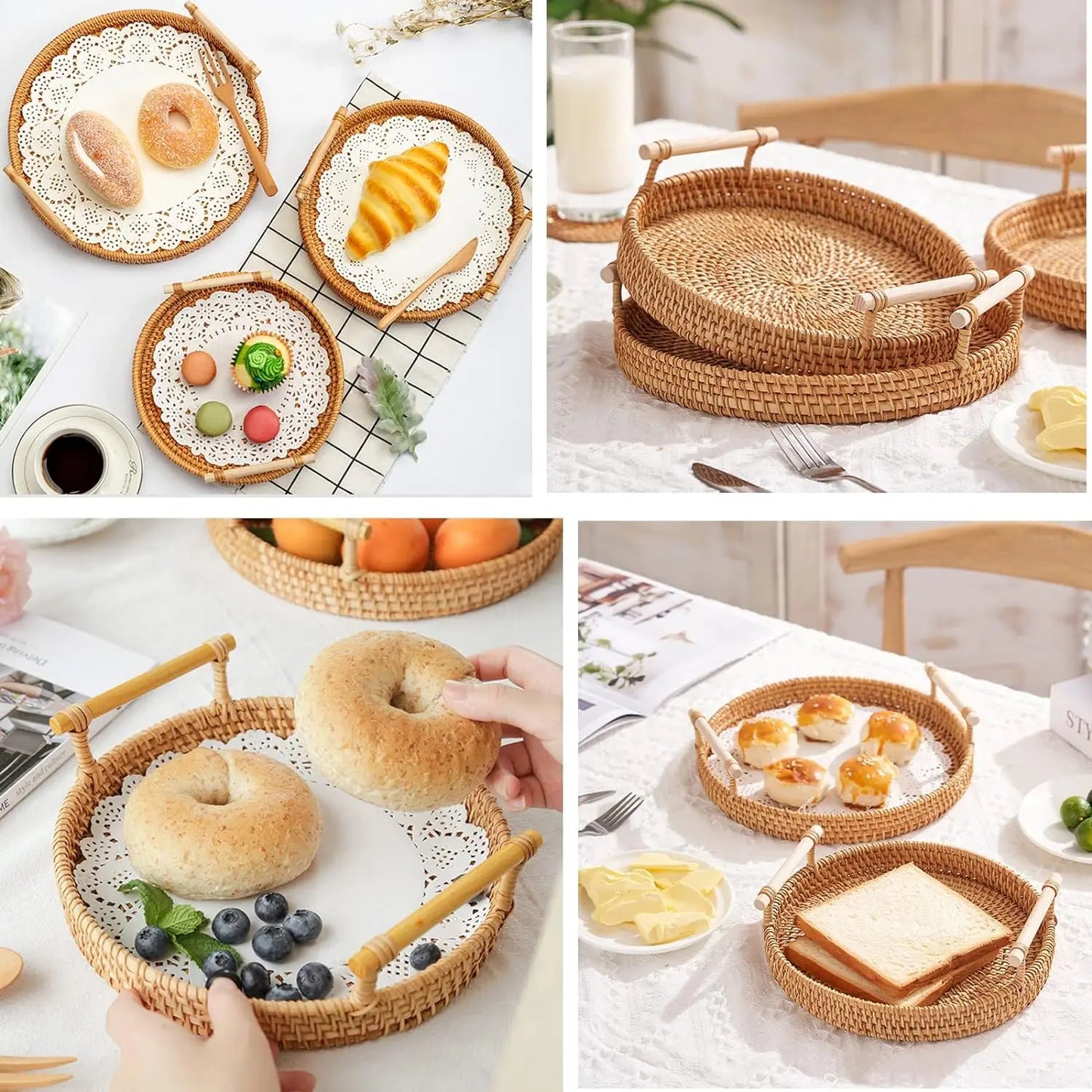 Rattan Tray Round Storage Basket Tray with Handles Natural Hand Woven Baskets Bread Fruit Food Plate Tray Home Kitchen Supplies