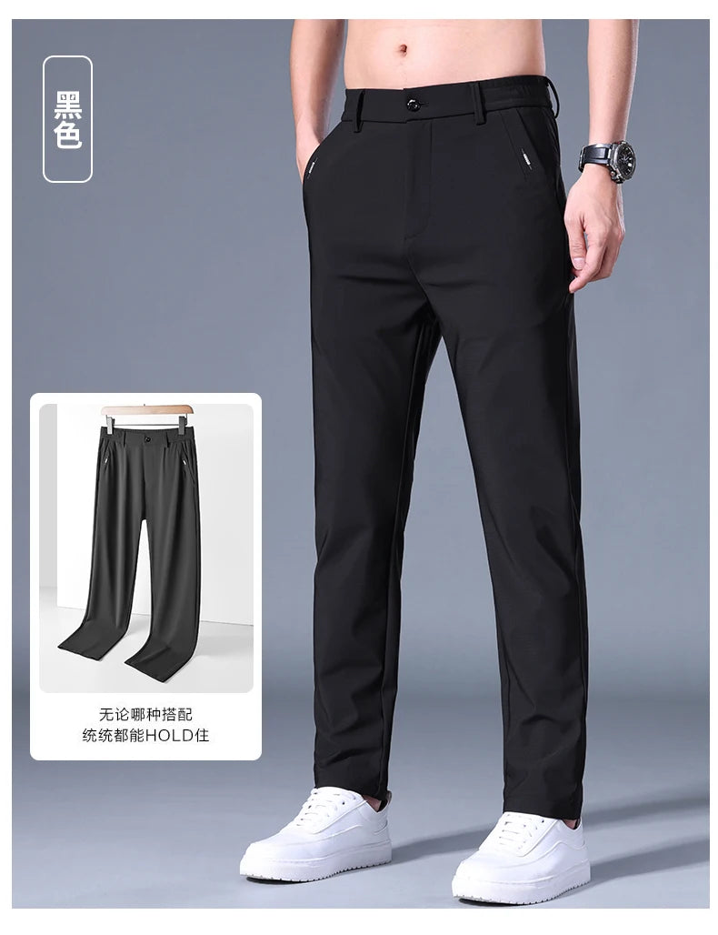 Summer Men's Casual Pants Thin Business Stretch Slim Fit Elastic Waist Jogger Korean Classic Blue Black Gray Brand Trousers Male