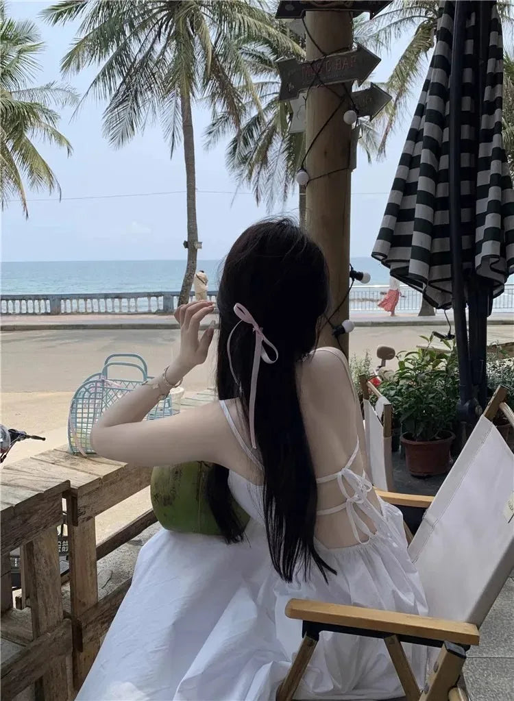 French Style Sexy Open-Back Blue Tank Dress Women's Summer Vacation Beach A- Line Long Dress Beach Vacation Dress