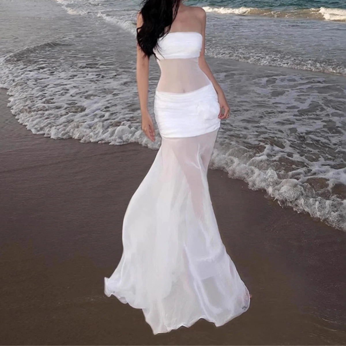 Fashion Strapless Dress With Ribbon Female Elegant Sleeveless Patchwork Mesh Beach Vacation Long Dress 2025 Summer New Dress