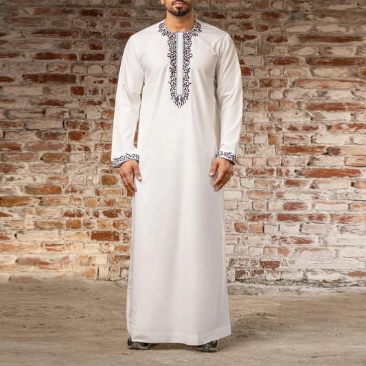 2025 New Men's Luxury White Muslim Moroccan Style Abaya Classic Embroidered Long Sleeve Formal Wear Islamic Arabic Thobe