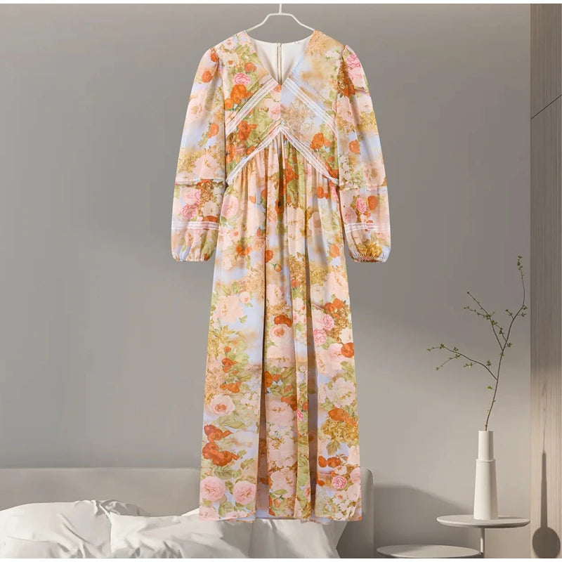 Fashion Print V-neck Women's Maxi Dresses Elegant Pleated Long Sleeve Loose Long Dress Female Summer Chic Casual Holiday Party