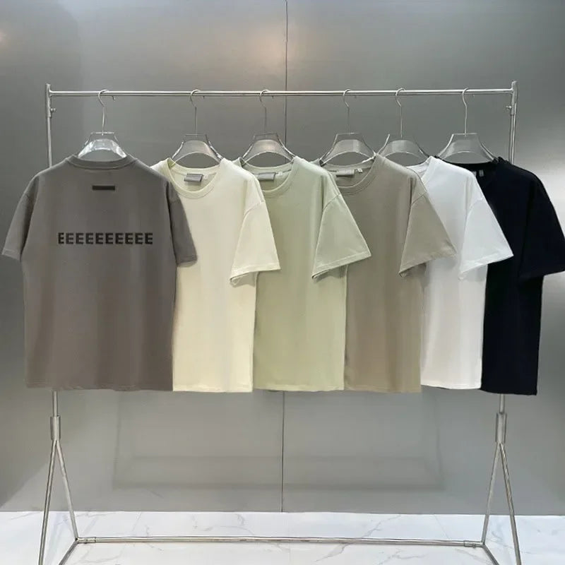 Season 7 Double Lined Back Two Rows Silicone Letter Men's Short Sleeve Classic Brand High Street Round Neck T-shirt Pullover Top