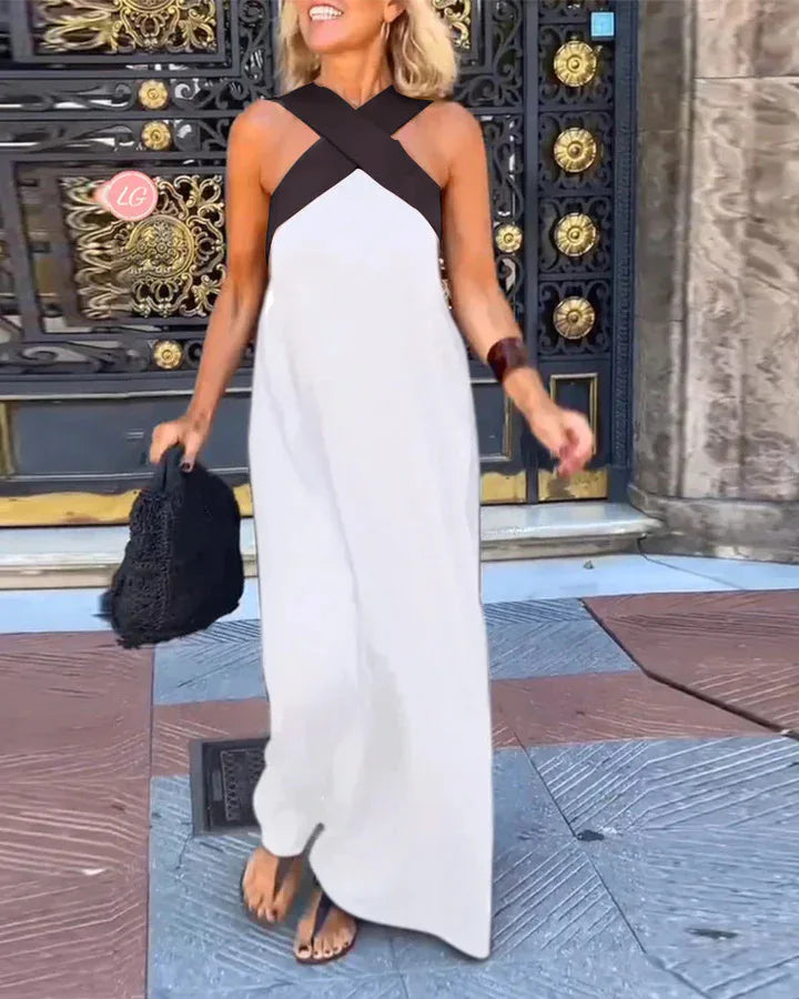 Summer Casual Loose Beach Dresses Fashion Off Shoulder Multi-color Holiday Dress 2025 New Women Halter Color Blocked Long Dress