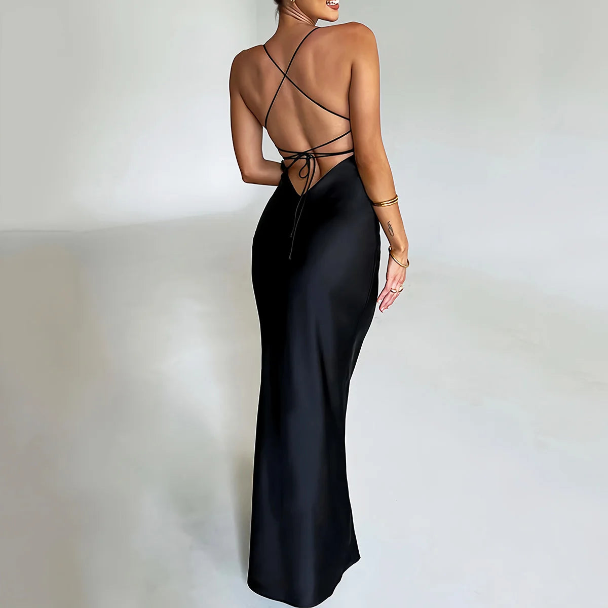 Women's Spaghetti Straps Satin Backless Sexy Dress Summer Beauty Elegant Party Evening Dress Tight Long Dress