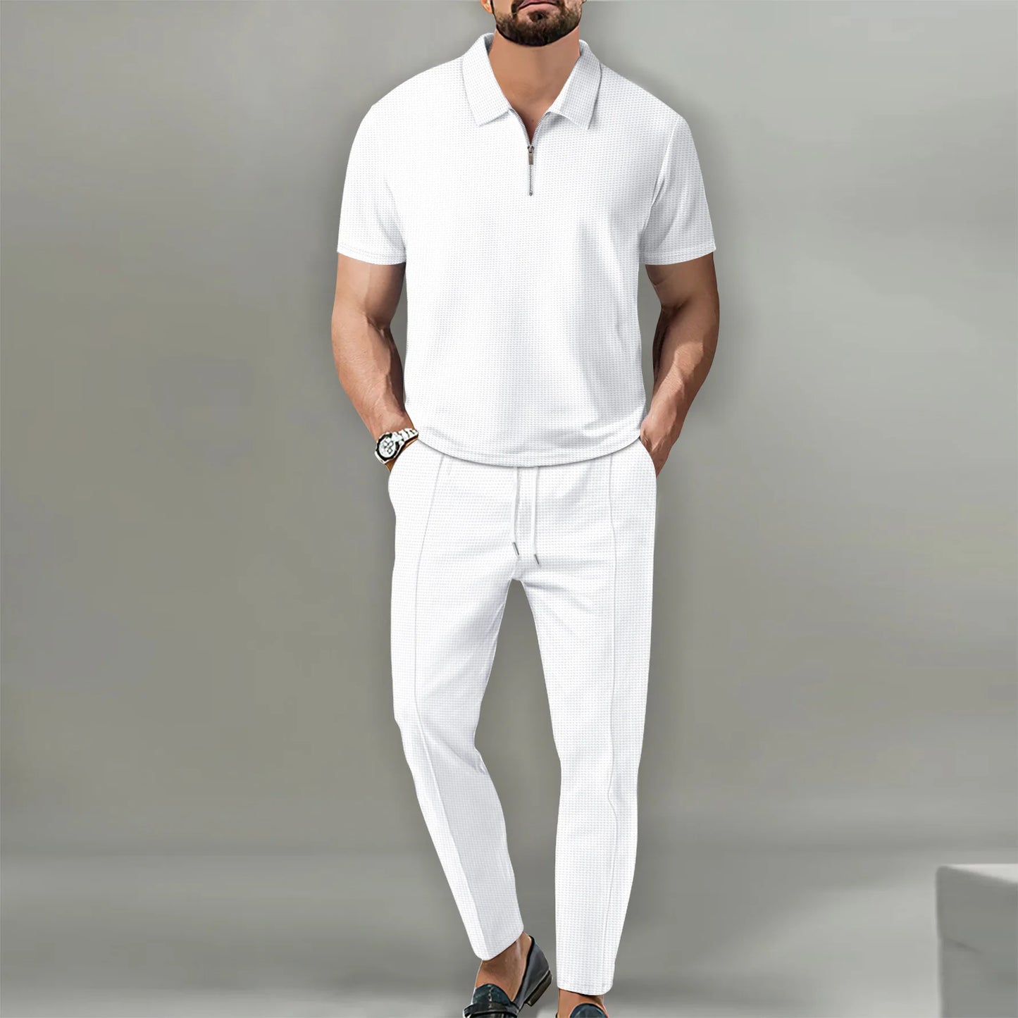 2025 New Men's POLO Shirt 2 Sets Casual Fashion Commercial Breathable Lapel, Pants pull rope Solid Color Men 2 sets