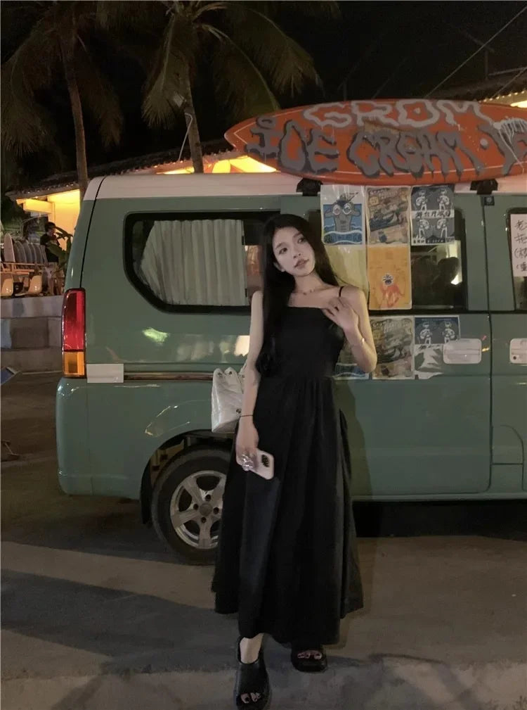 French Style Sexy Open-Back Blue Tank Dress Women's Summer Vacation Beach A- Line Long Dress Beach Vacation Dress