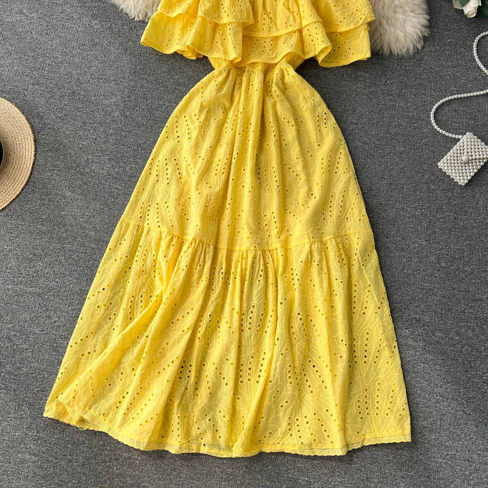 SINGREINY High Street Cotton Embroidery Long Dress Women Hollow Out Backless Beach Sundress Fashion Off the Shoulder Sexy Dress