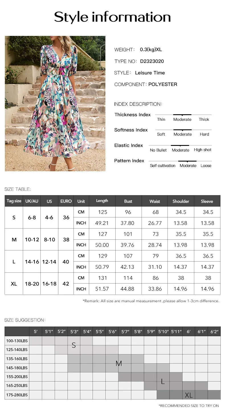 2024 Elegant High Quality Design summer long Dress Waist Cinching V-neck Print Elastic Waist Maxi  Dresses for Women Clothing