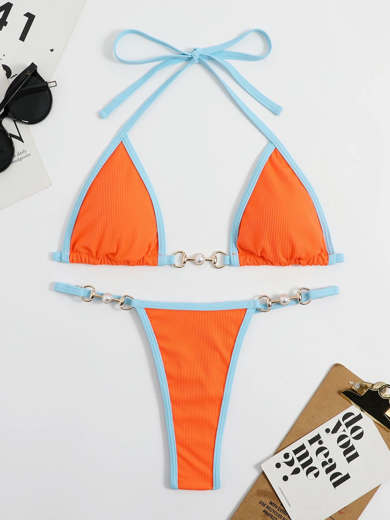 2023 New Sexy Ribbed Bikini Set Pearl Swimwear Women Swimsuit Female Halter Strappy Bikini Patchwork Bathing Suit Beachwear Swim
