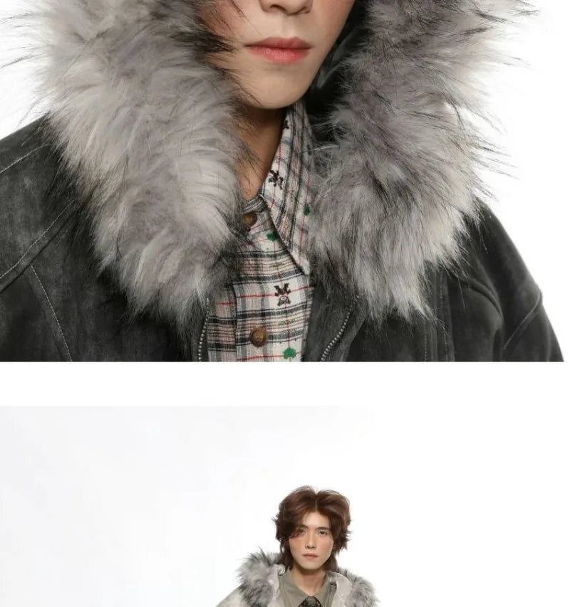 Y2K American New Fashion Solid Color Plus Velvet Padded Cotton-padded Jacket Coat Men Harajuku Hip-hop Popular Casual Couples
