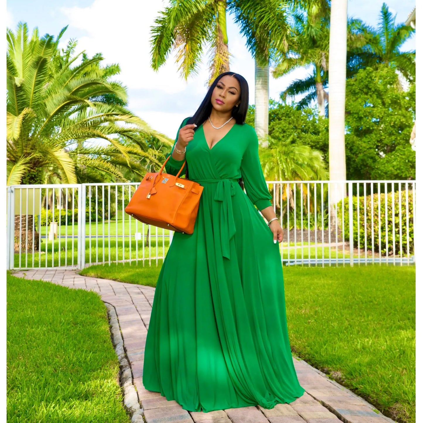 CM.YAYA Elegant Women Wraped V-neck Long Sleeve with Sashes Maxi Long Dress Chic INS Sexy Party Prom Big Swing Pink Dresses