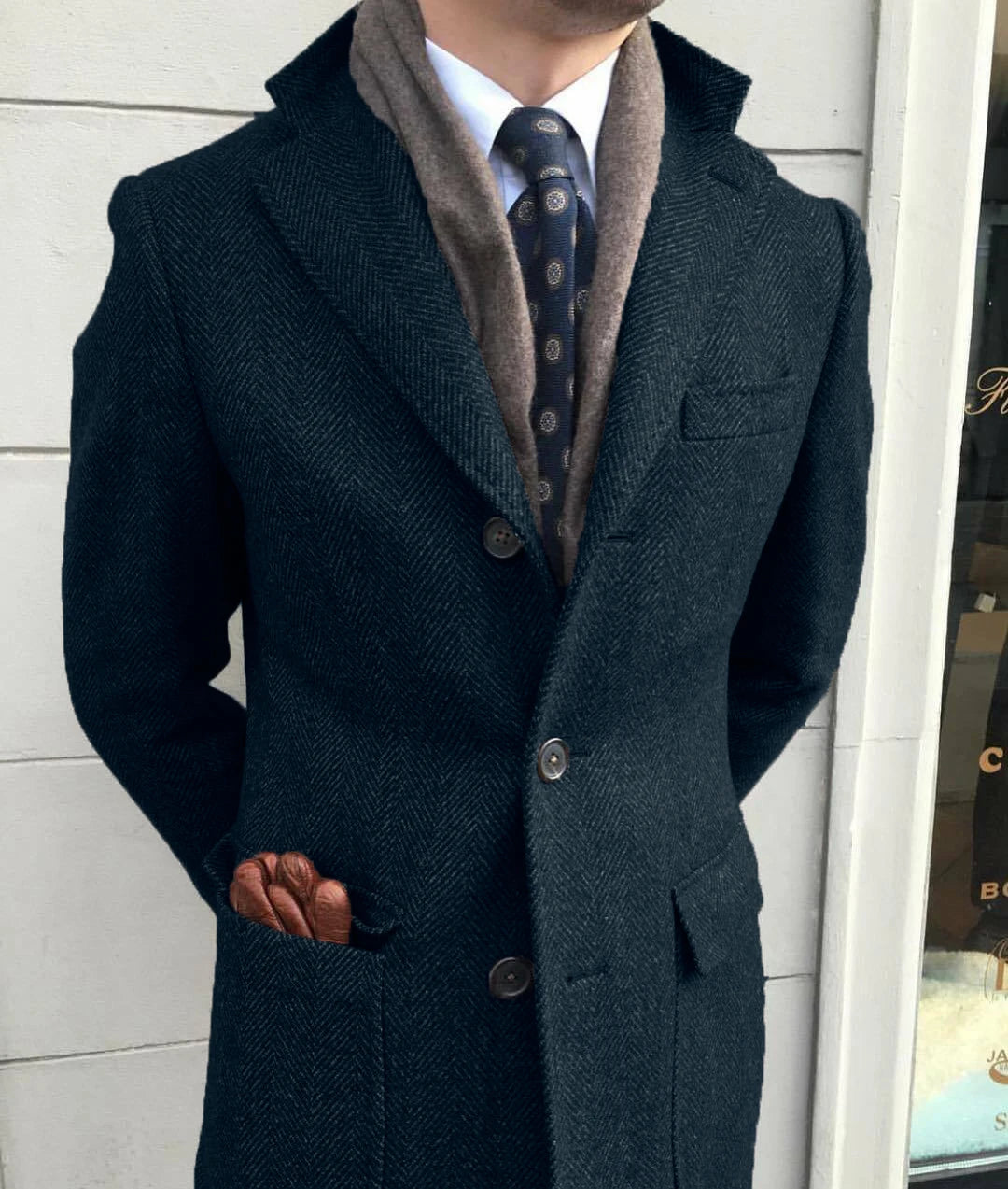 Men's Windbreaker Classic Herringbone Tweed Wool Blend Suit Jacket Winter Warm Long Coat Outdoor Sports Coat erkek mont